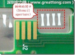 這個(gè)HotBar(熱壓熔錫焊接)吃錫的設(shè)計(jì)已經(jīng)對(duì)了一半，在印刷錫膏的時(shí)候在焊墊的中間位置減少錫膏，如果治具的設(shè)定正確的話，熱壓頭(thermode)要壓在焊墊中間的位置，焊錫的印出來(lái)結(jié)果如下面右圖所示。