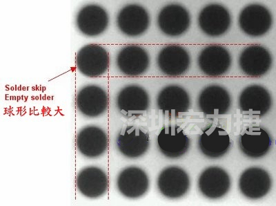 現(xiàn)在我畫幾條直線你再看看是否有發(fā)現(xiàn)那一顆BGA的錫球比較大，有空焊的可能？