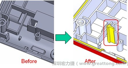 既然知道可能的問題出在電路板變形量過大，于是在電路板上黏貼應(yīng)力計(Stress Gauge)然后先量測未改善前的應(yīng)力數(shù)據(jù)。改善方法是在BGA的附近新增機溝肋柱(rib)來頂住電路板以降低電路板在落下時的變形量。