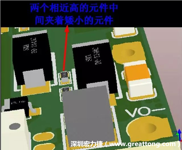 放置器件時(shí)要考慮以后的焊接和維修，兩個(gè)高度高的元件之間盡量避免放置矮小的元件